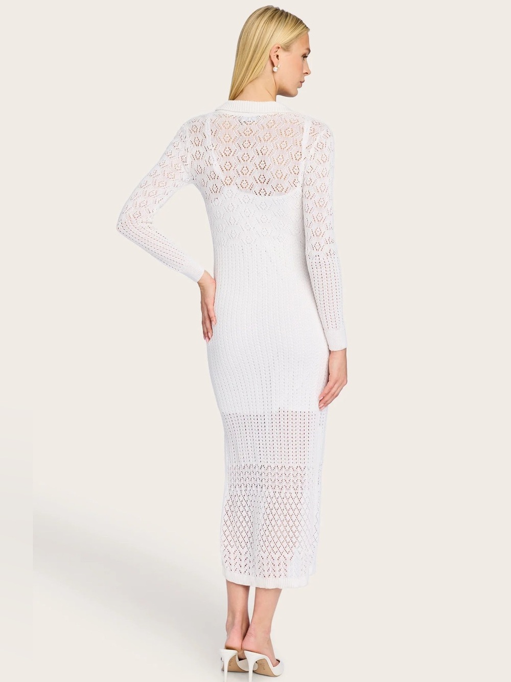 GENERATION LOVE Eleni Pointelle Knit Dress White L Gold Button Midi Cover Up - Picture 4 of 16